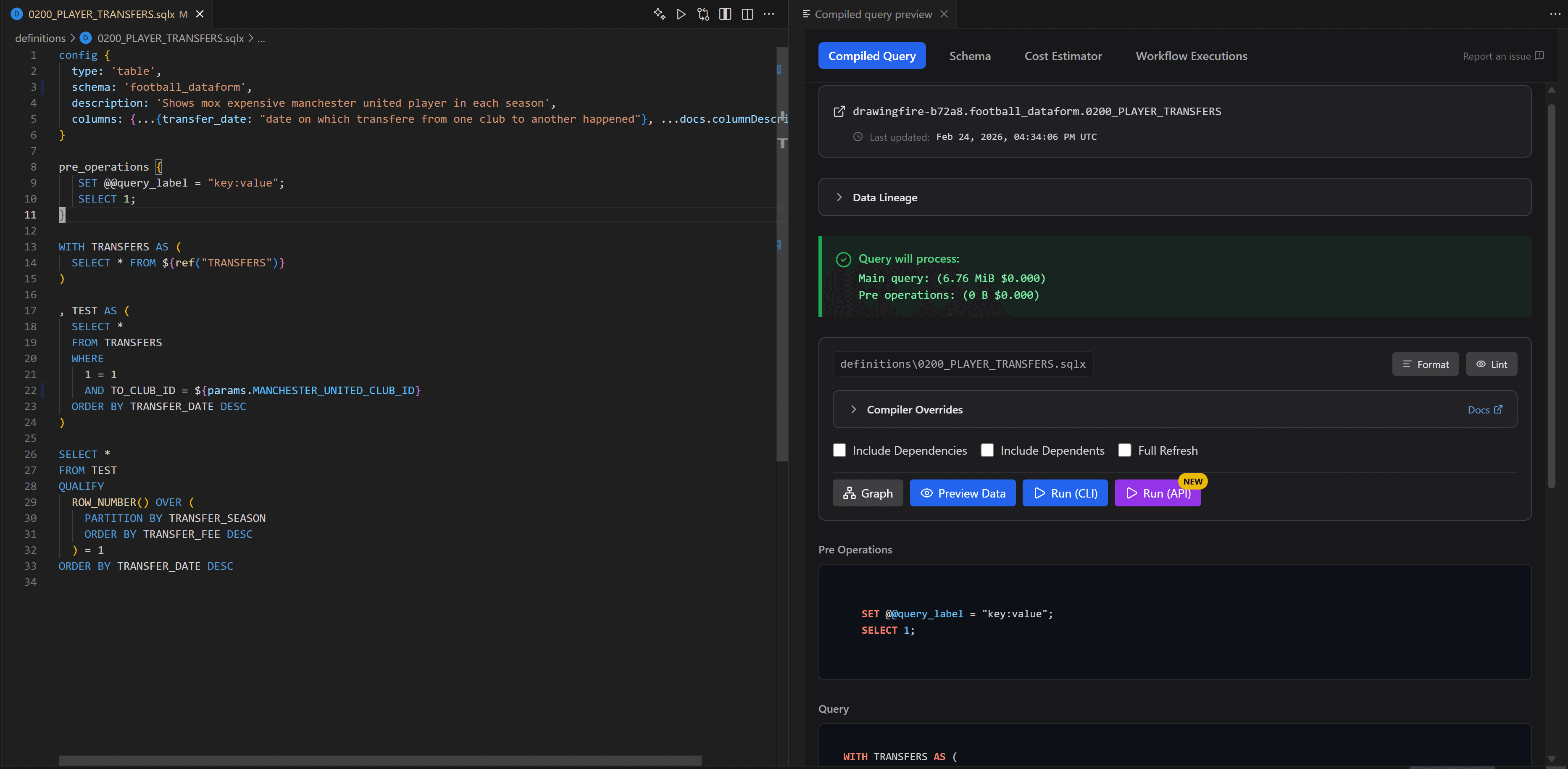 Compiled query & dry run in Dataform Tools