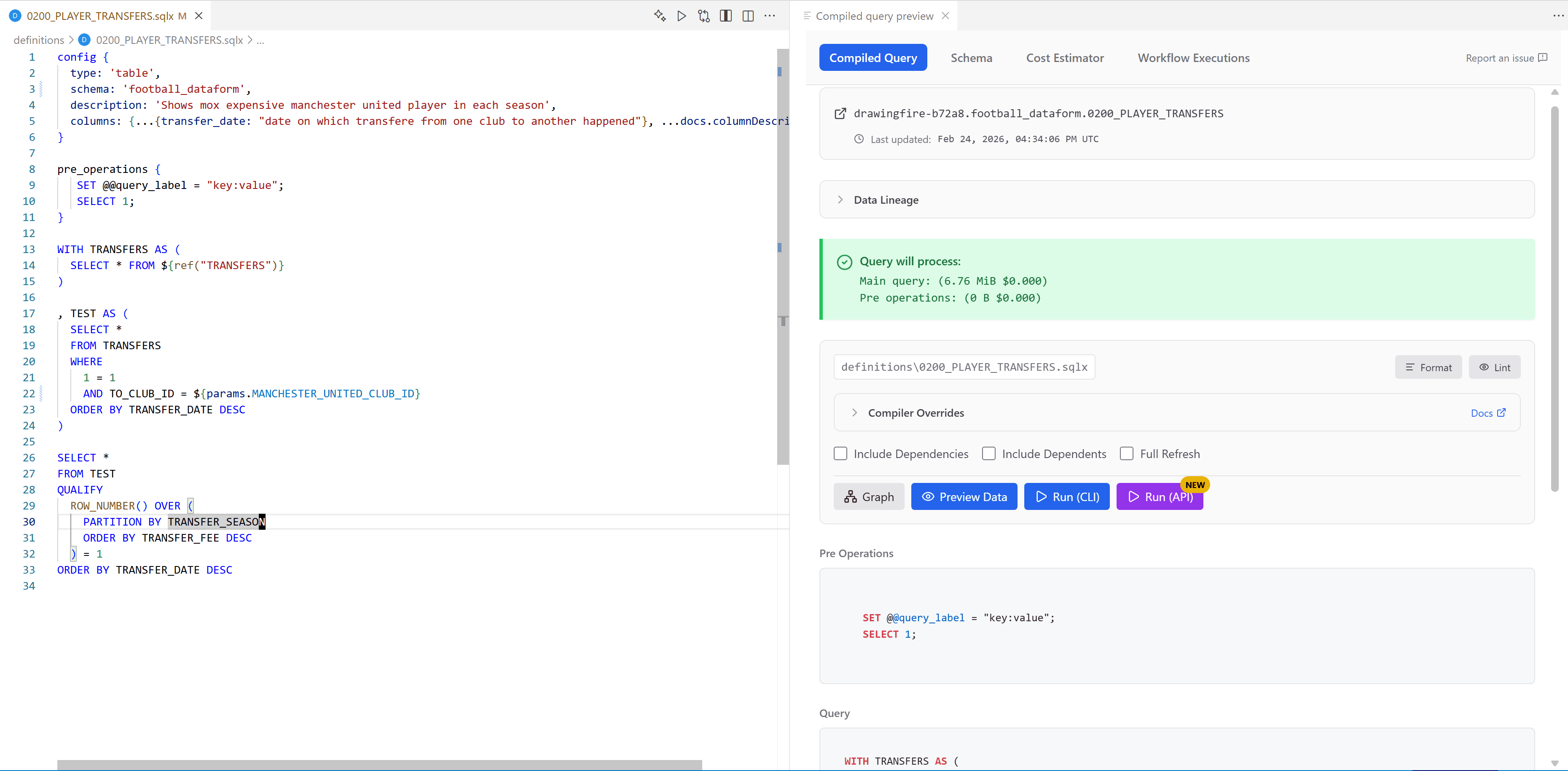 Compiled query & dry run in Dataform Tools